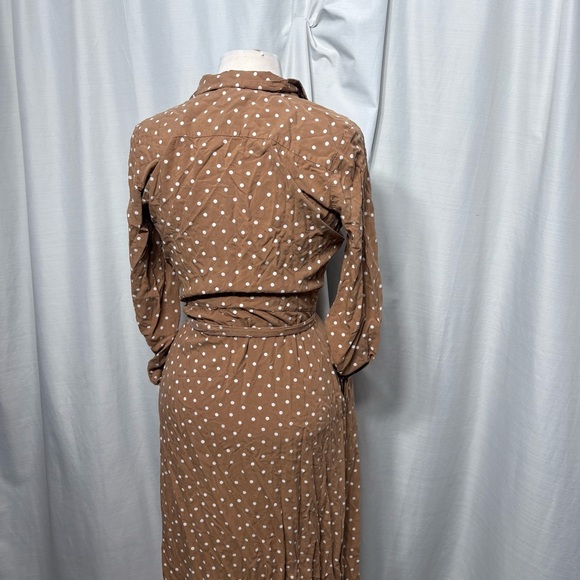Brown Polka Dot Shirt Dress Midi Belted Long Sleeve Boho Neutral Medium button - Picture 5 of 8